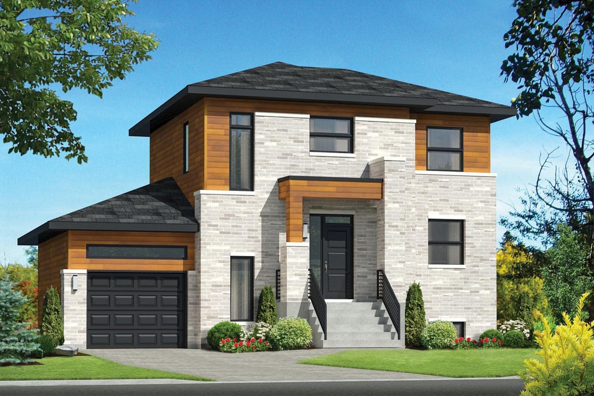 House plan exterior. Two-story modern house with brick facade, wood accents, flat rooflines, and a front-entry garage.