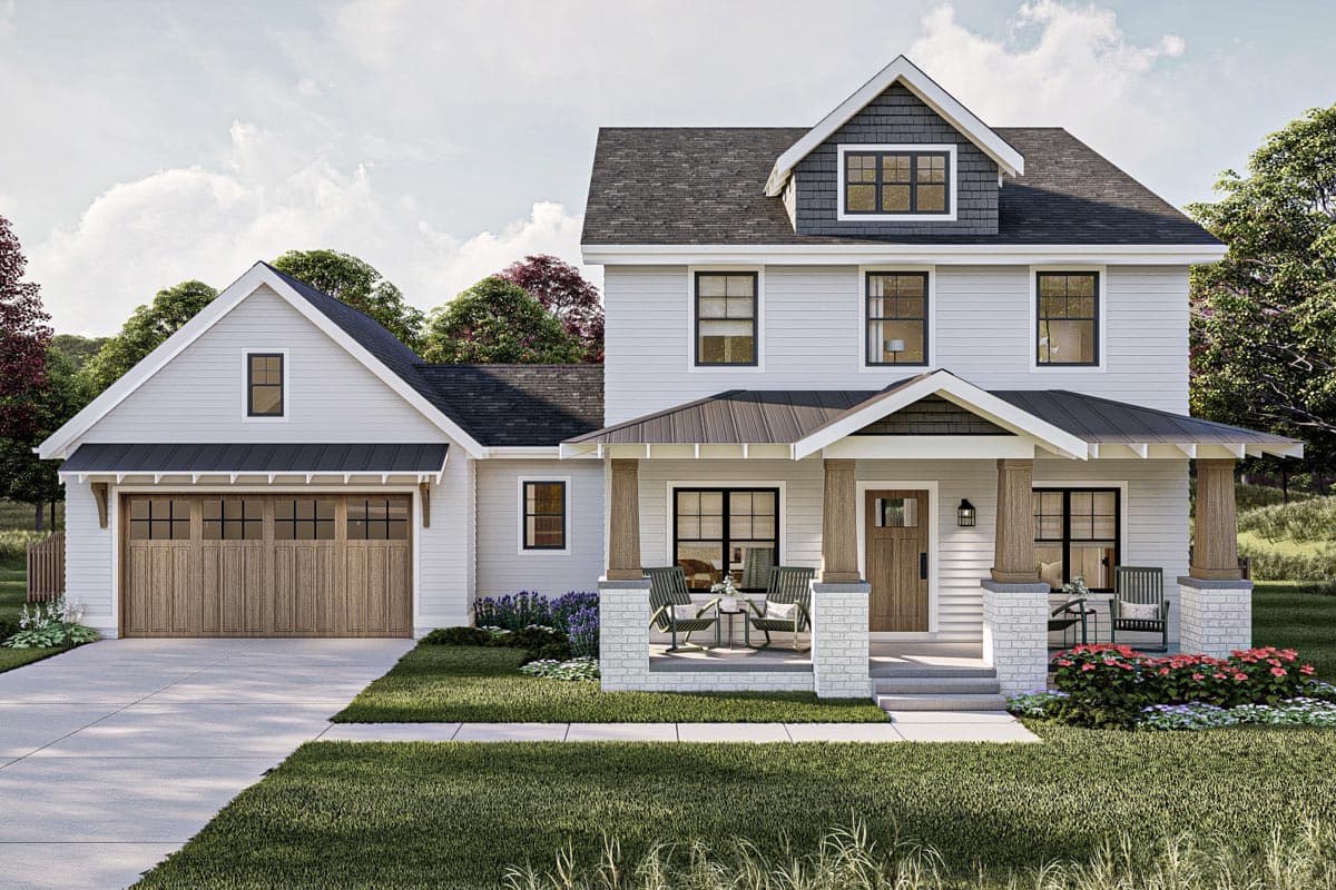 House plan exterior: two-story modern farmhouse with a gable roof, covered front porch with stone pillars, and an attached garage.
