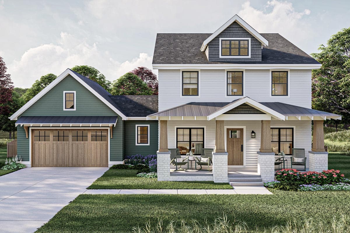House plan exterior featuring Craftsman style, two stories, front porch, gables, and a detached garage with exposed rafter tails.