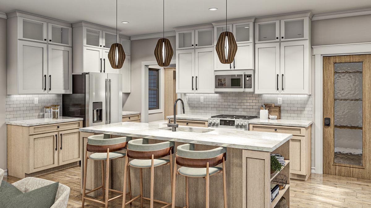 Modern kitchen rendering with white cabinets, island with seating, stainless steel appliances, subway tile backsplash, and wood-paneled door.