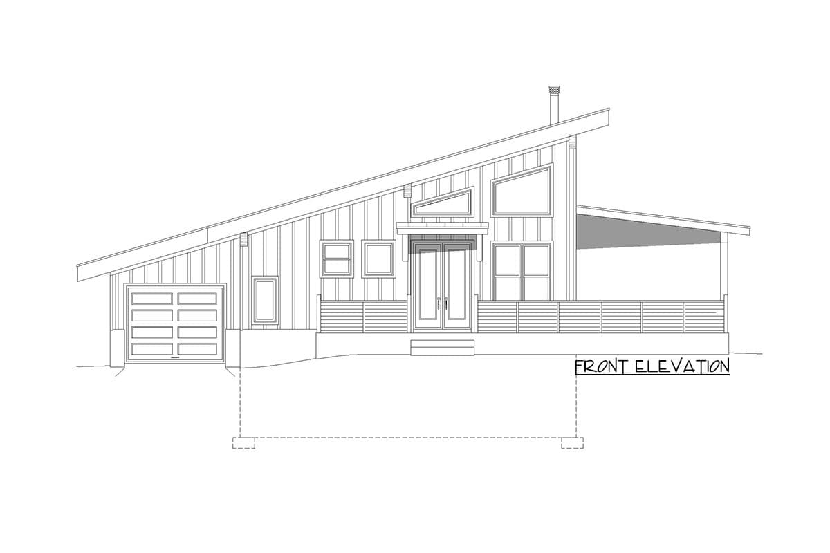 Front elevation of a modern house plan with a steeply pitched roof, attached garage, double doors, and covered porch.