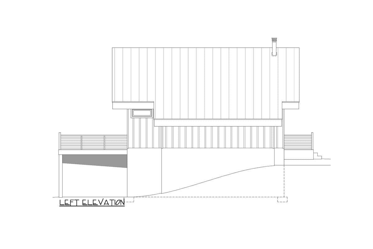 Left elevation drawing of a house plan featuring a metal roof, covered porch, and deck.