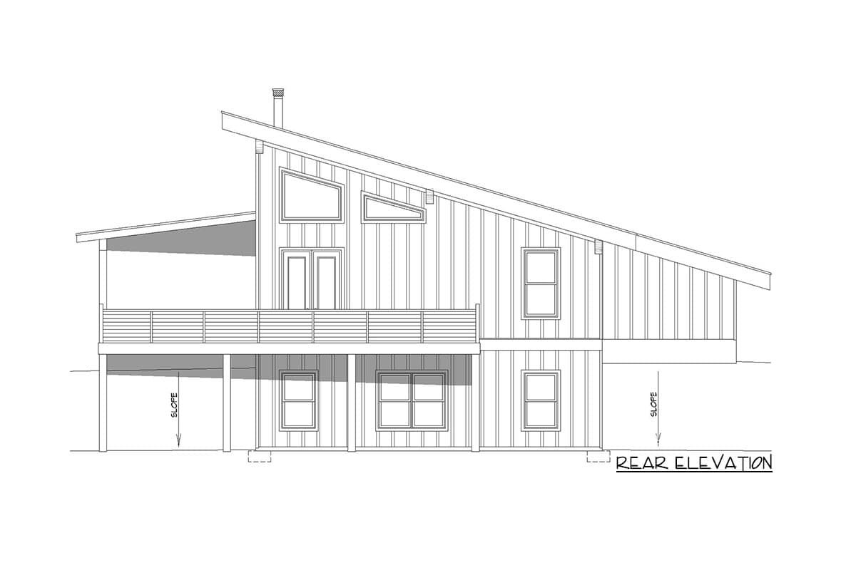 Rear elevation drawing of a house with a sloped roof, covered deck, and multiple windows.