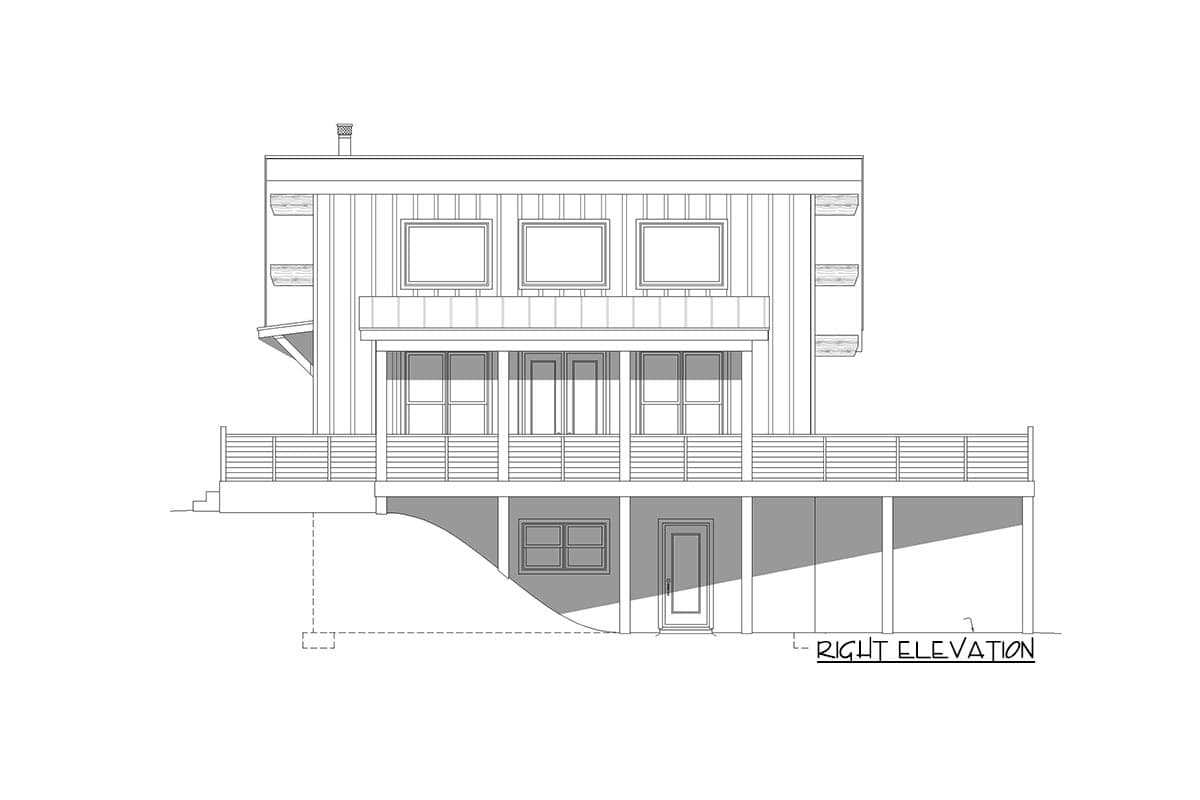 Right elevation drawing of a two-story house plan featuring a covered porch, multiple windows, and a deck.