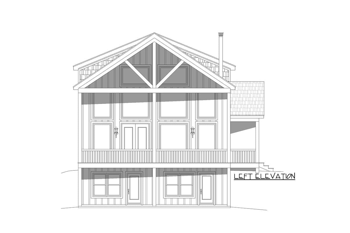 Left elevation drawing of a two-story house plan with a prominent gable, double-door entry, and wraparound balconies.