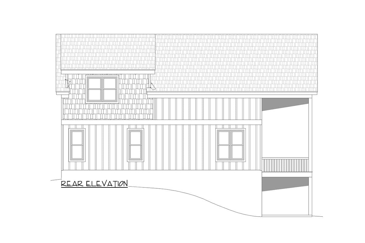 Rear elevation drawing showing a house plan with double-hung windows, shingle siding, and a covered porch.