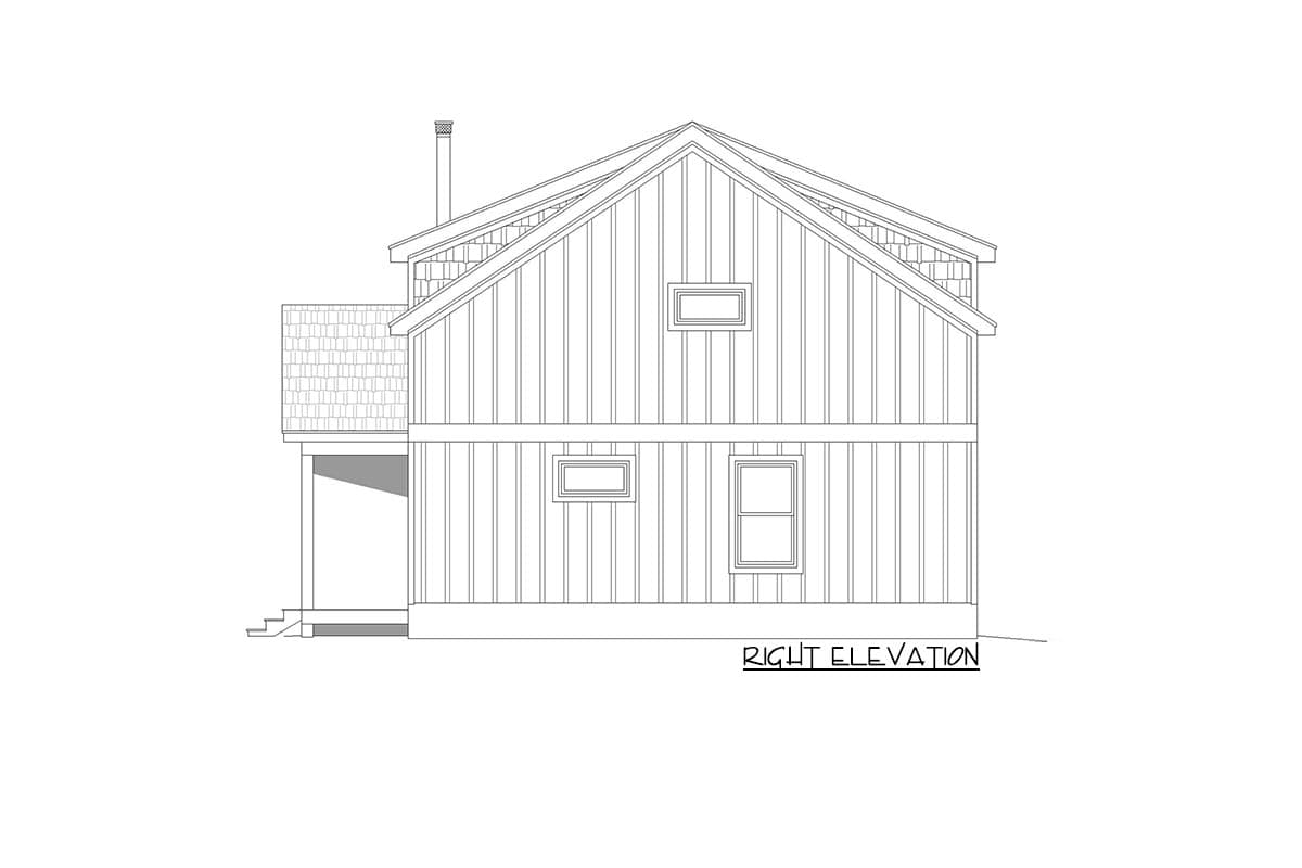 Right elevation house plan showing a gabled roofline, vertical siding, dormers, and a covered porch.