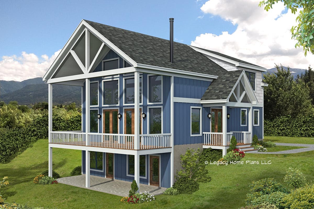 House plan exterior. Two-story with open porch, gable roof, and large windows. Includes a small entry porch and railing.
