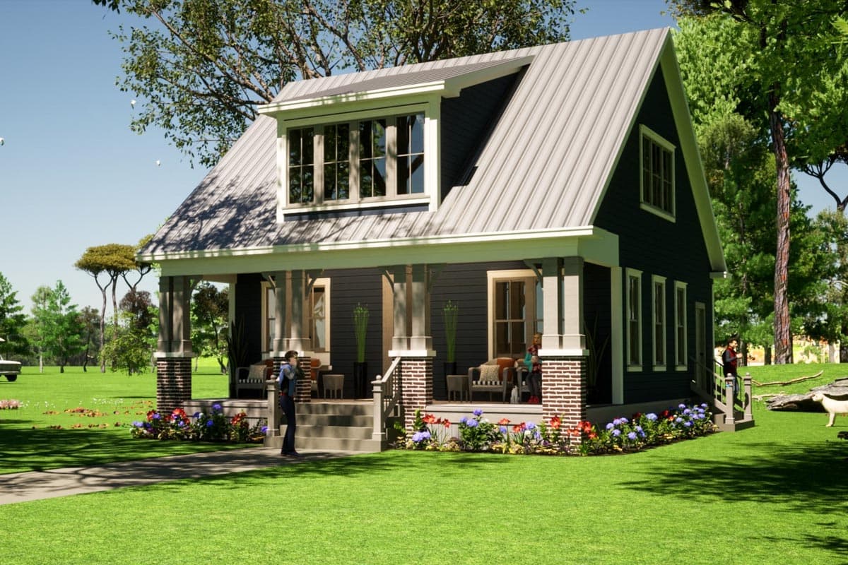 House plan exterior of a two-story Modern Farmhouse with a wrap-around porch, gabled dormer, and metal roof.