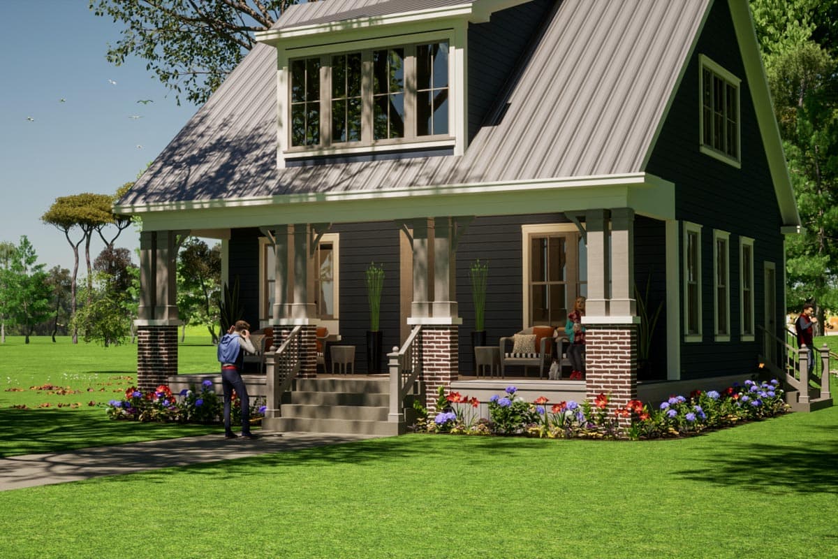 House plan exterior: Two-story Modern Farmhouse with large wrap-around porch, metal roof, and dormer window.