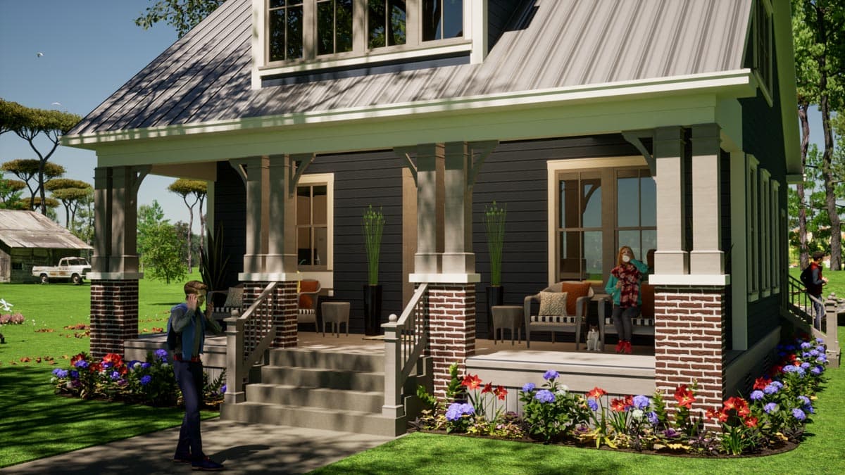 House plan exterior featuring a full front porch with brick piers and white columns, a metal gable roof, and clapboard siding.