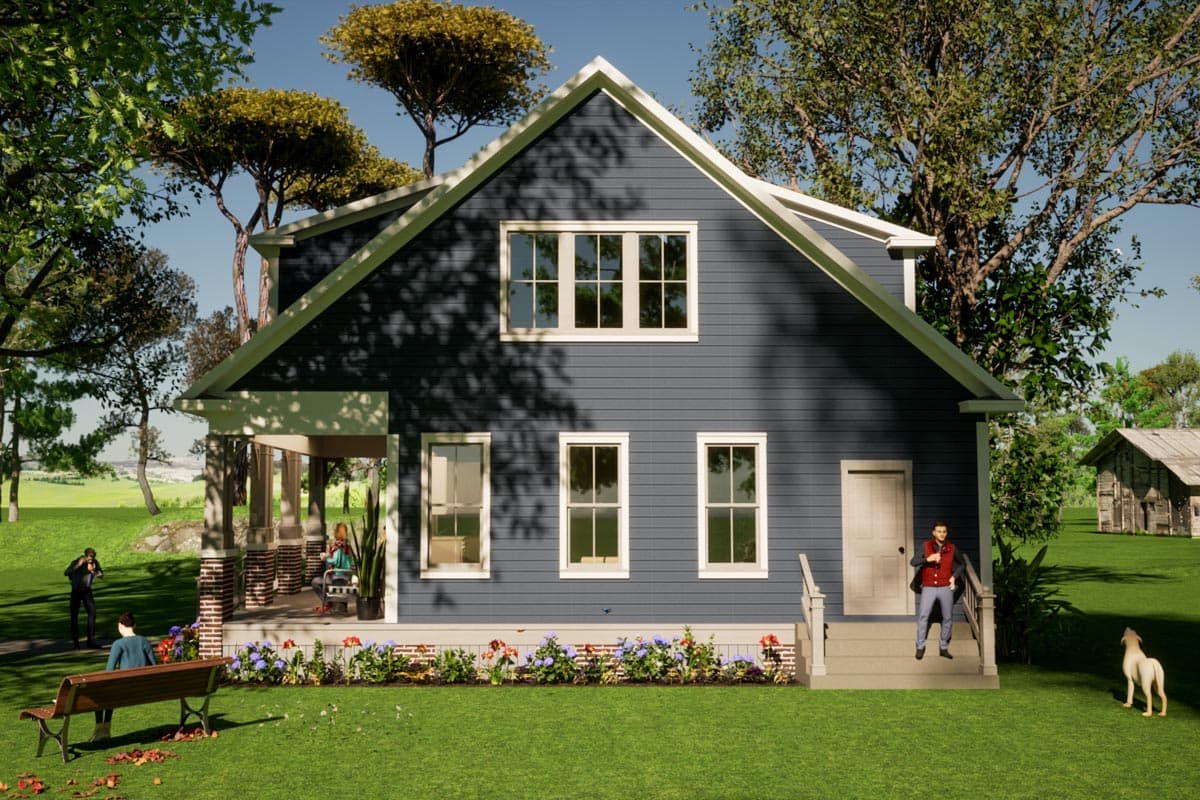 Two-story house plan exterior with gabled roof, covered porch with columns, and double-hung windows.