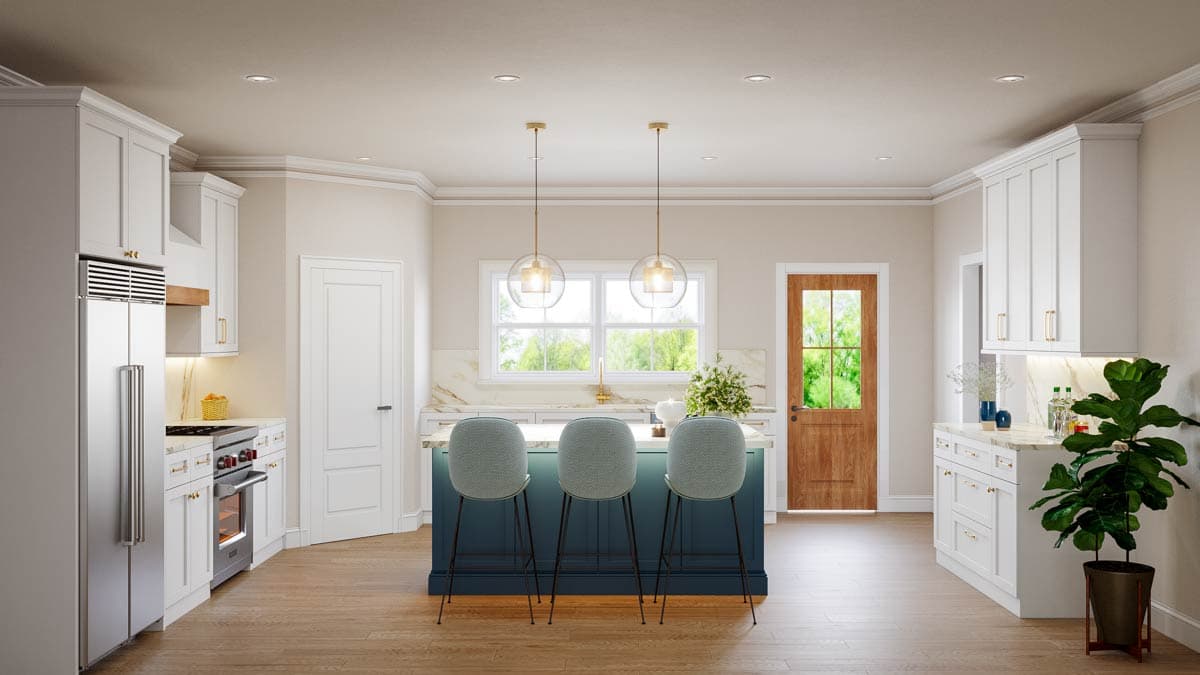 A modern kitchen with a navy island with three bar stools. White cabinets and a large fridge are opposite the island.