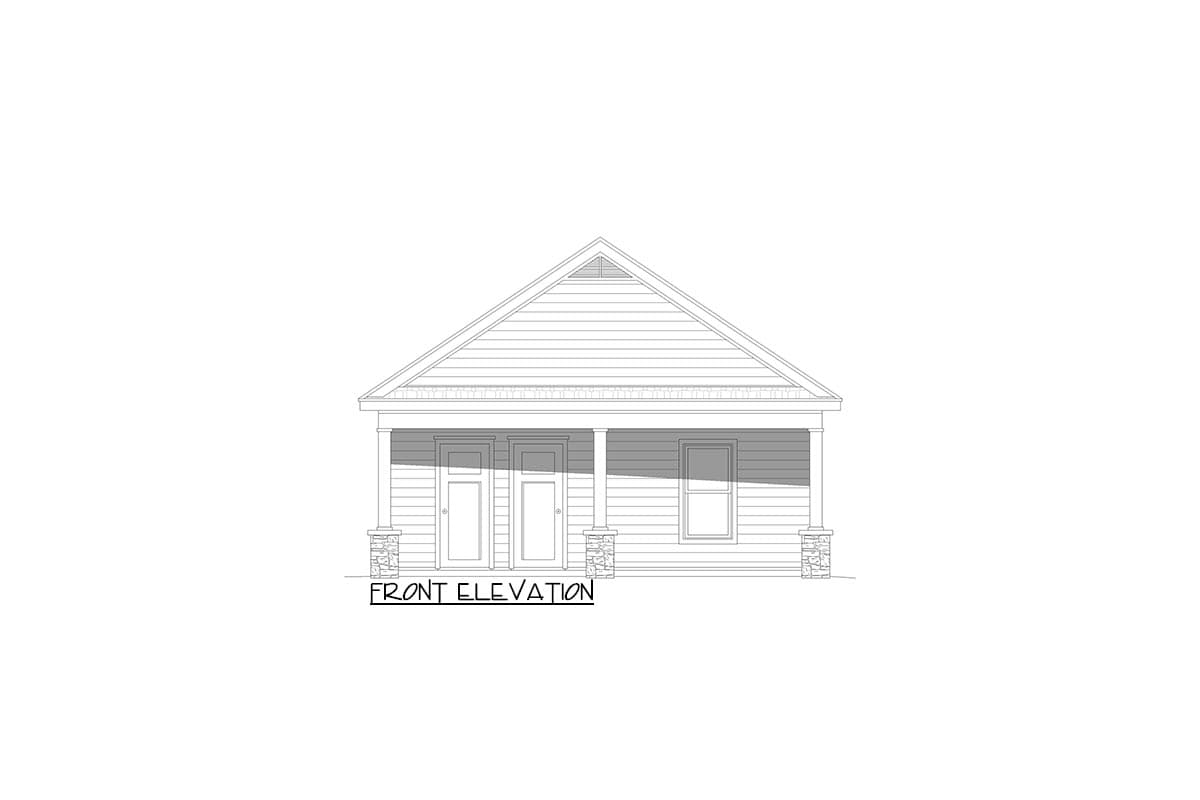 Front elevation house plan with a covered porch supported by stone-clad columns, featuring double front doors and a single window.