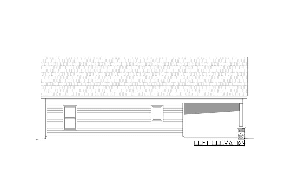 Left elevation drawing of a house plan, showing vinyl siding, two windows, and a covered porch.