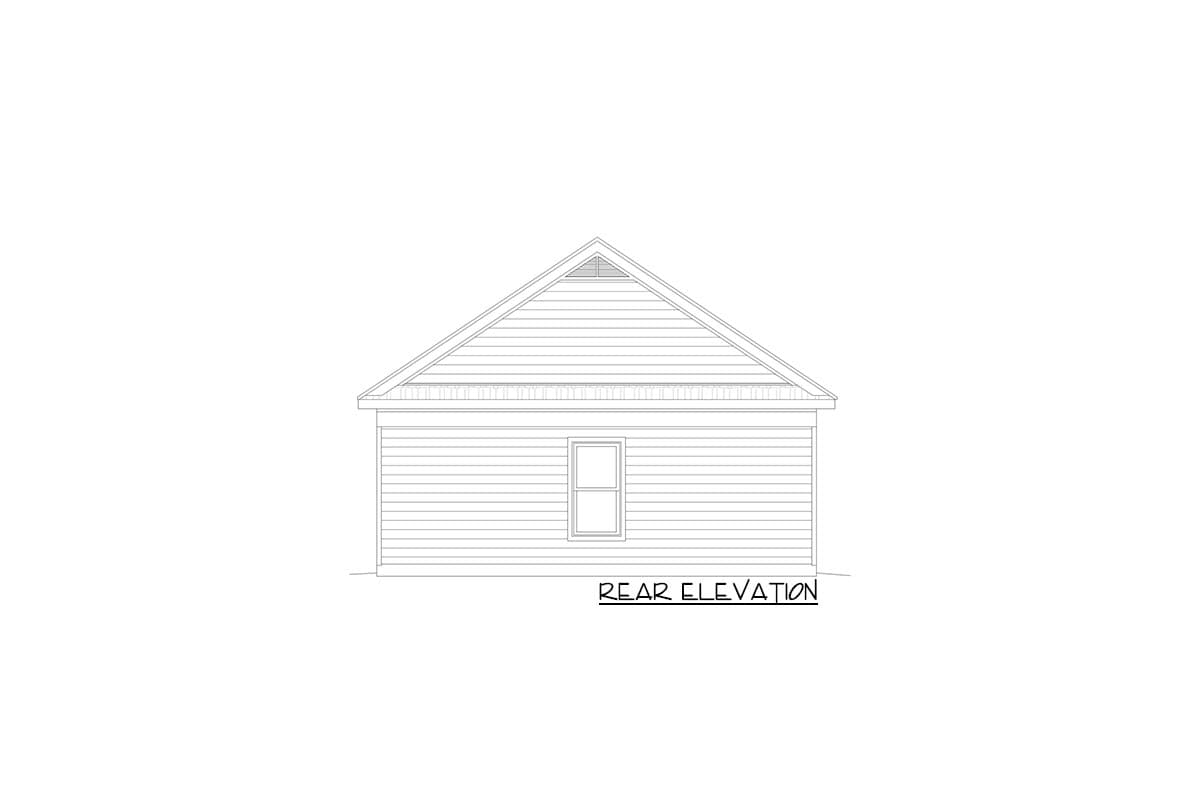 Rear elevation drawing of a house with horizontal siding, a gable roof, and one window.