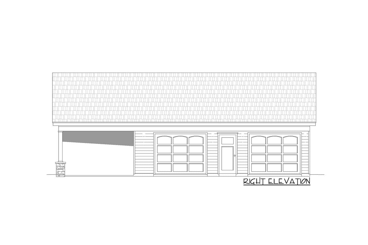 House plan right elevation shows a one-story structure with a covered carport, two garage doors, and a central entry door.