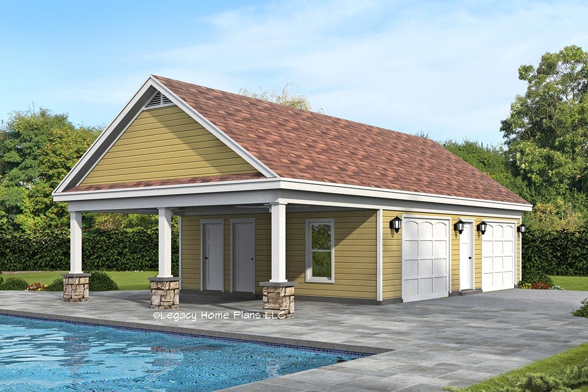 House plan exterior. One-story structure with gable roof. Includes a covered porch with stone-based pillars and three garage doors.