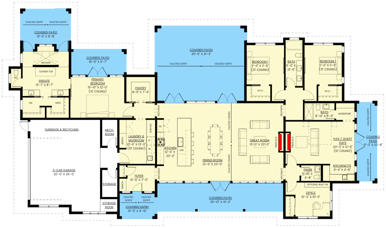 Plan 330007WLE: 4-Bed New American Ranch Plan with Private Primary Bedroom - 2933 Sq Ft - Floor Plan - Main Level - Country, Modern Farmhouse, New American, Ranch, Transitional