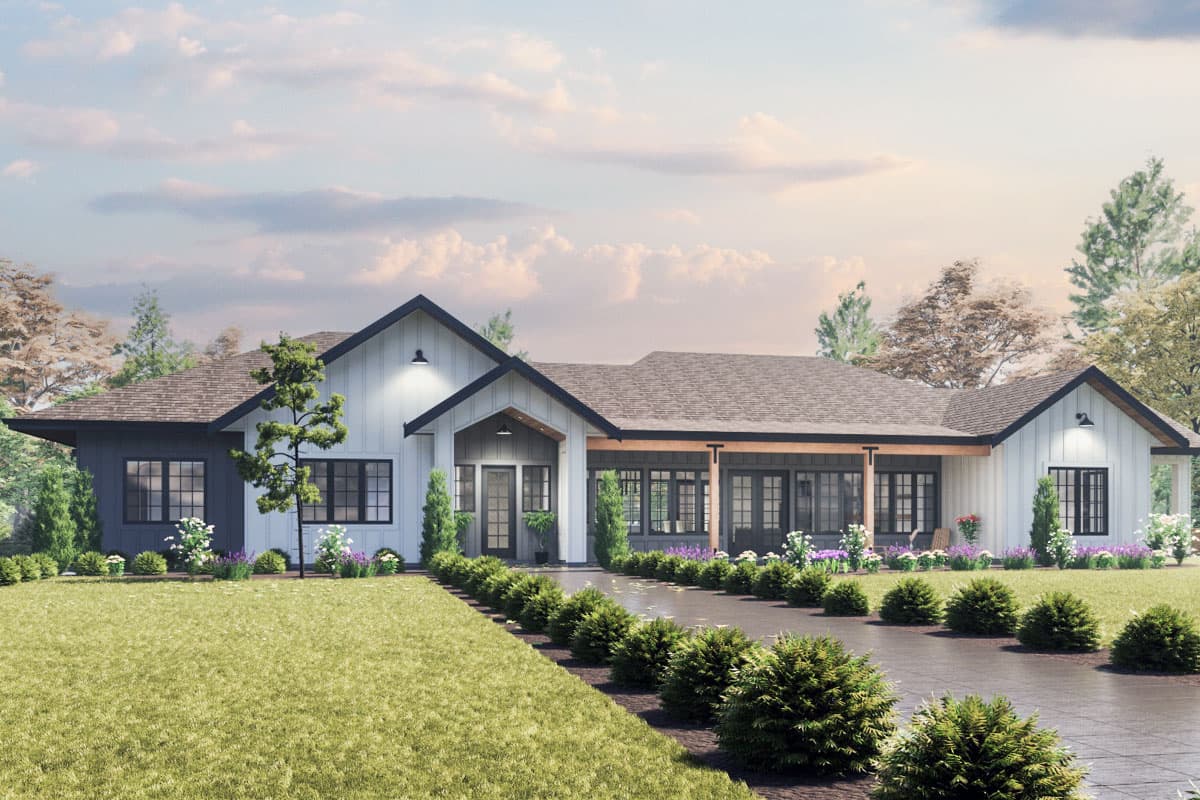 House plan exterior. Modern Farmhouse style with a single story, a covered porch, gabled rooflines, and board-and-batten siding.