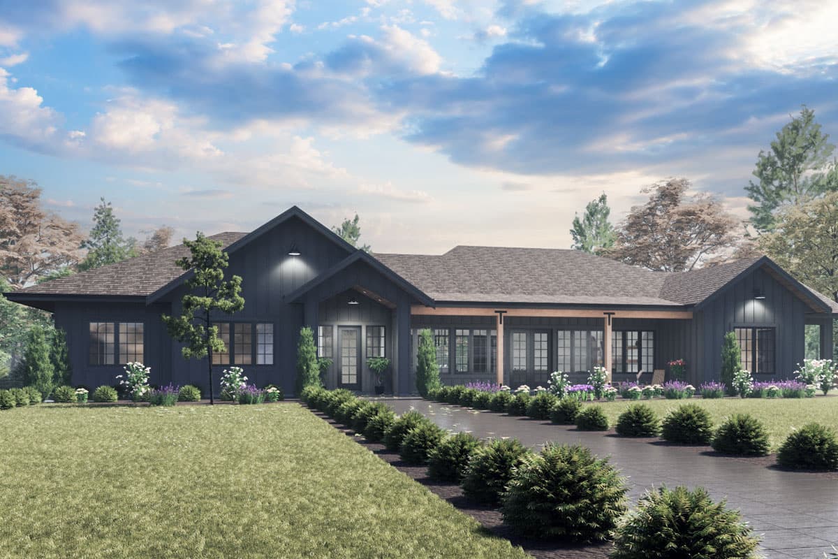 Modern Farmhouse single-story house plan exterior with gables, covered porch, and dark siding.