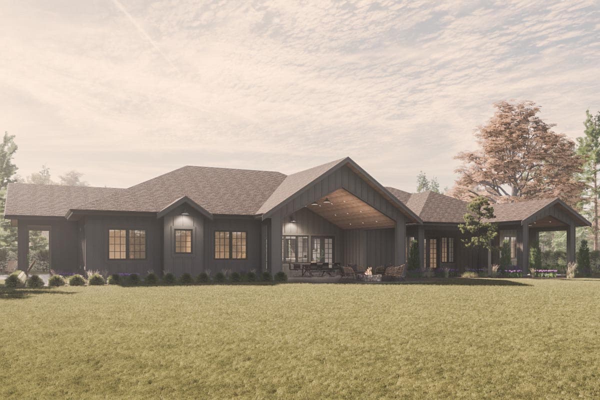 Modern ranch house plan exterior with deep eaves, gabled rooflines, and a large covered patio with seating area.