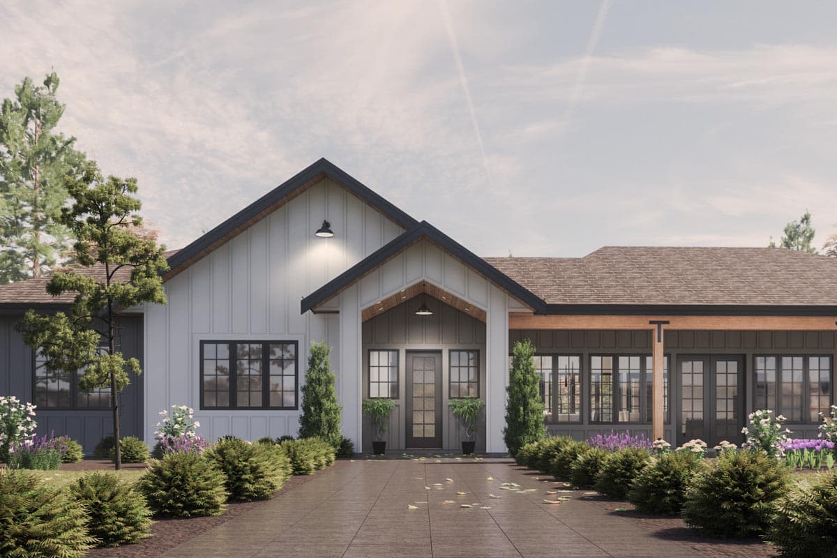 Modern Farmhouse style house plan exterior with prominent gables, board and batten siding, double front doors, and a covered patio.