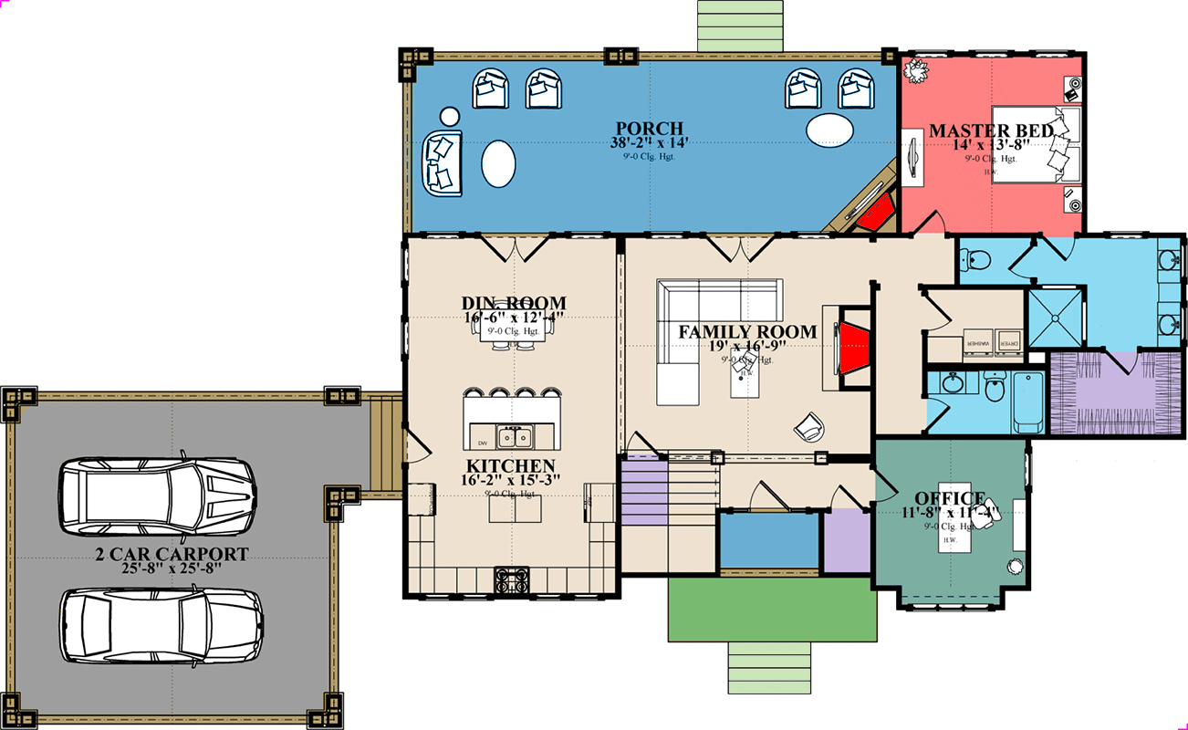 Plan 86376HH: 2-Story Shingle House Plan with Attached Carport - Floor Plan - Main Level - Country, Craftsman, New American, Traditional