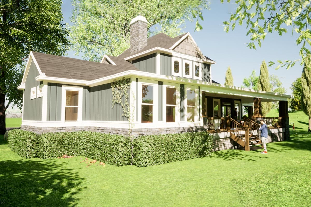 House plan exterior: Two-story home with a wrap-around porch, stone foundation, and prominent gabled dormers.