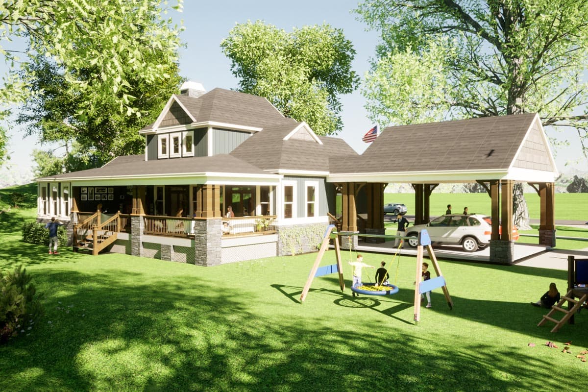 House plan exterior: Ranch style, wraparound porch, stone accents, and a two-car porte-cochere.