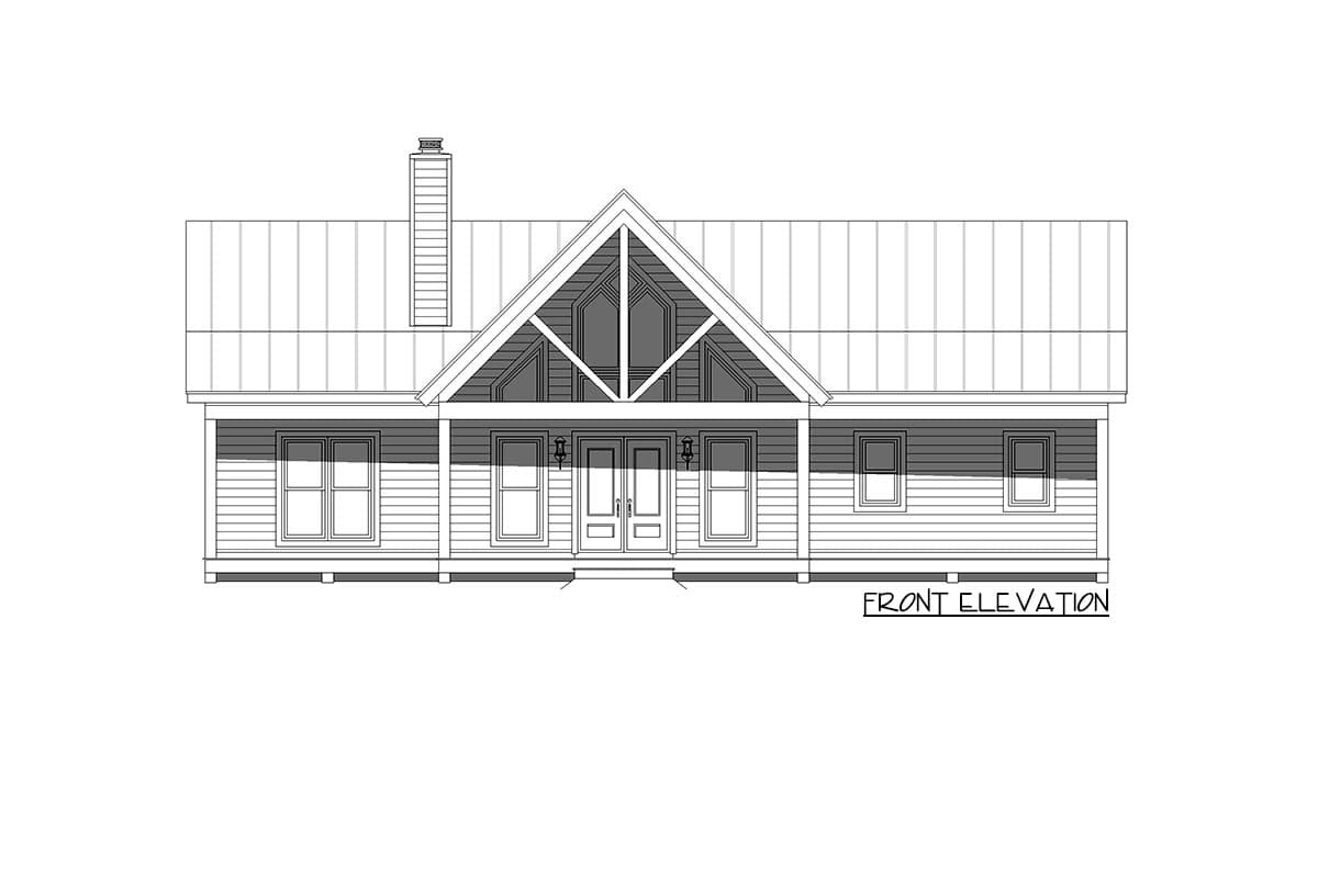 Front elevation drawing of a single-story house plan featuring a prominent gable with exposed beams, metal roof, chimney, and covered front porch.