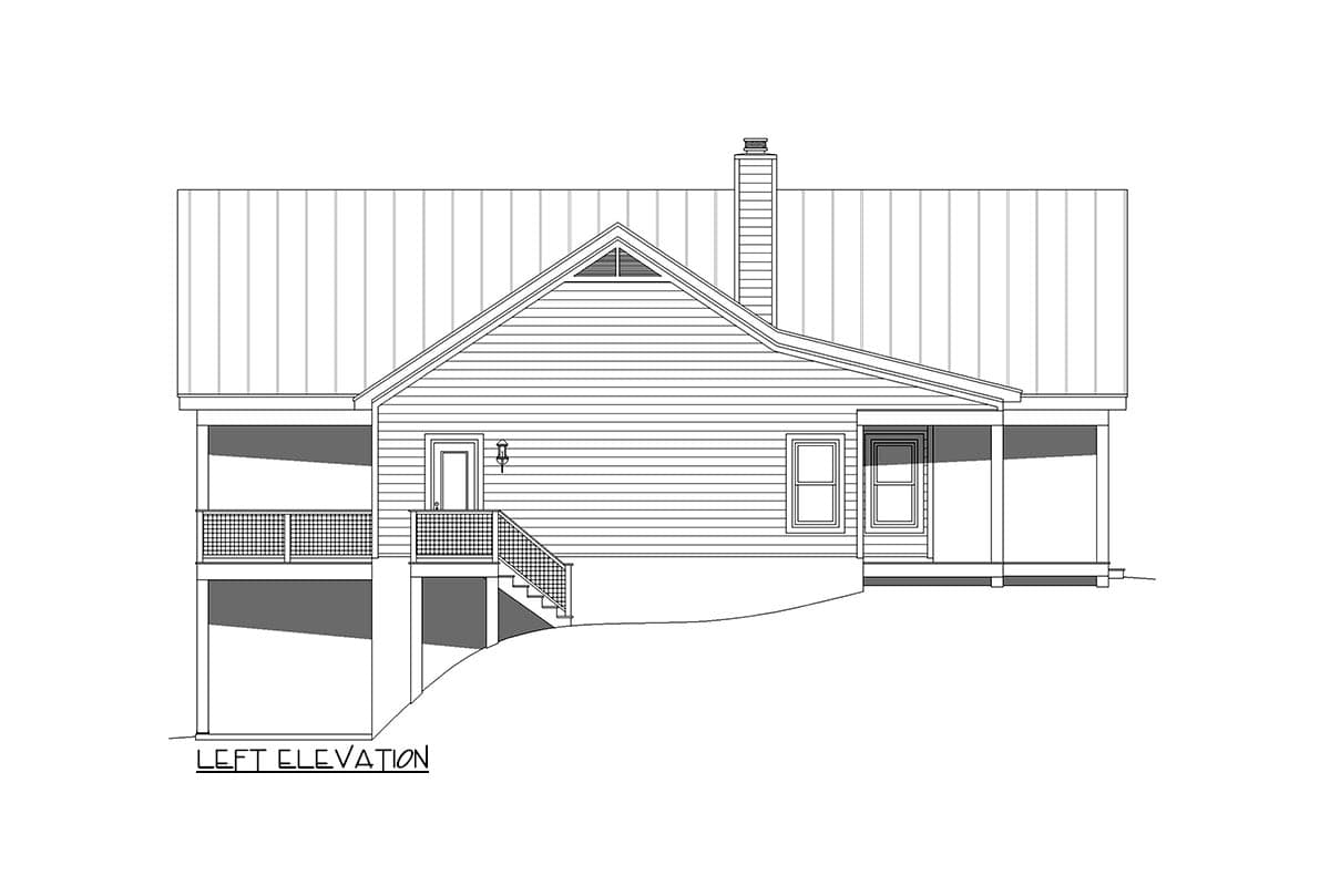Left elevation drawing of a house plan featuring a gabled roof, chimney, porch, and sloped foundation.