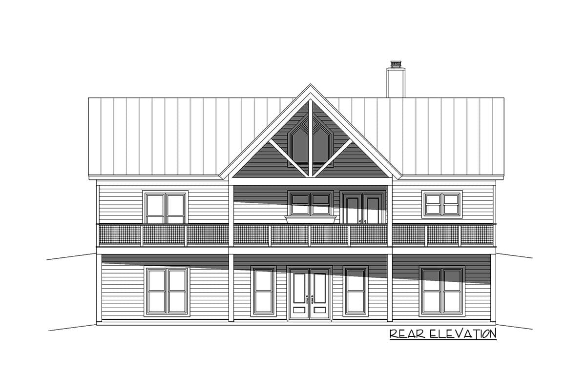 Rear elevation drawing of a two-story house with a gabled dormer, metal roof, and full-width balconies.