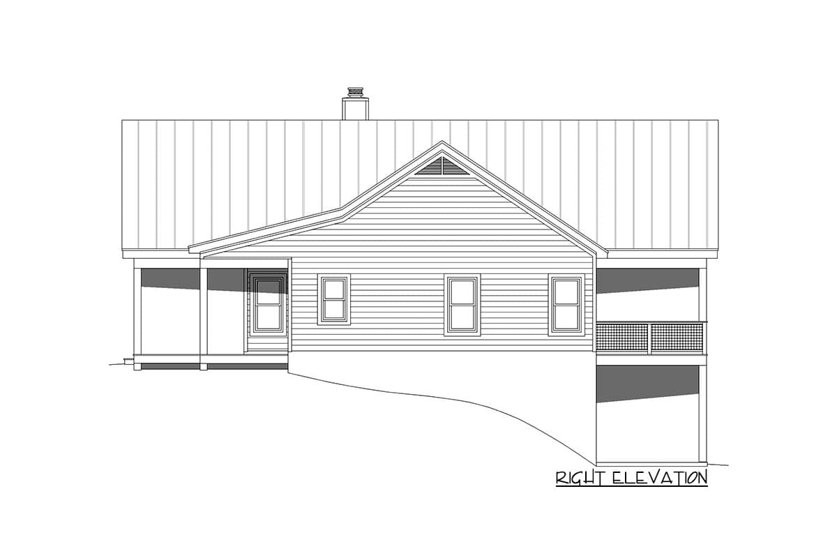 Right elevation house plan drawing showing a gabled roof, front porch, and railing on an elevated deck.
