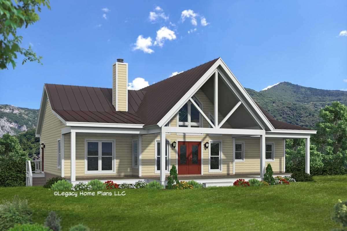 House plan exterior with gable roof, covered porch, and a large front-facing gable. Features include a chimney and double-door entry.