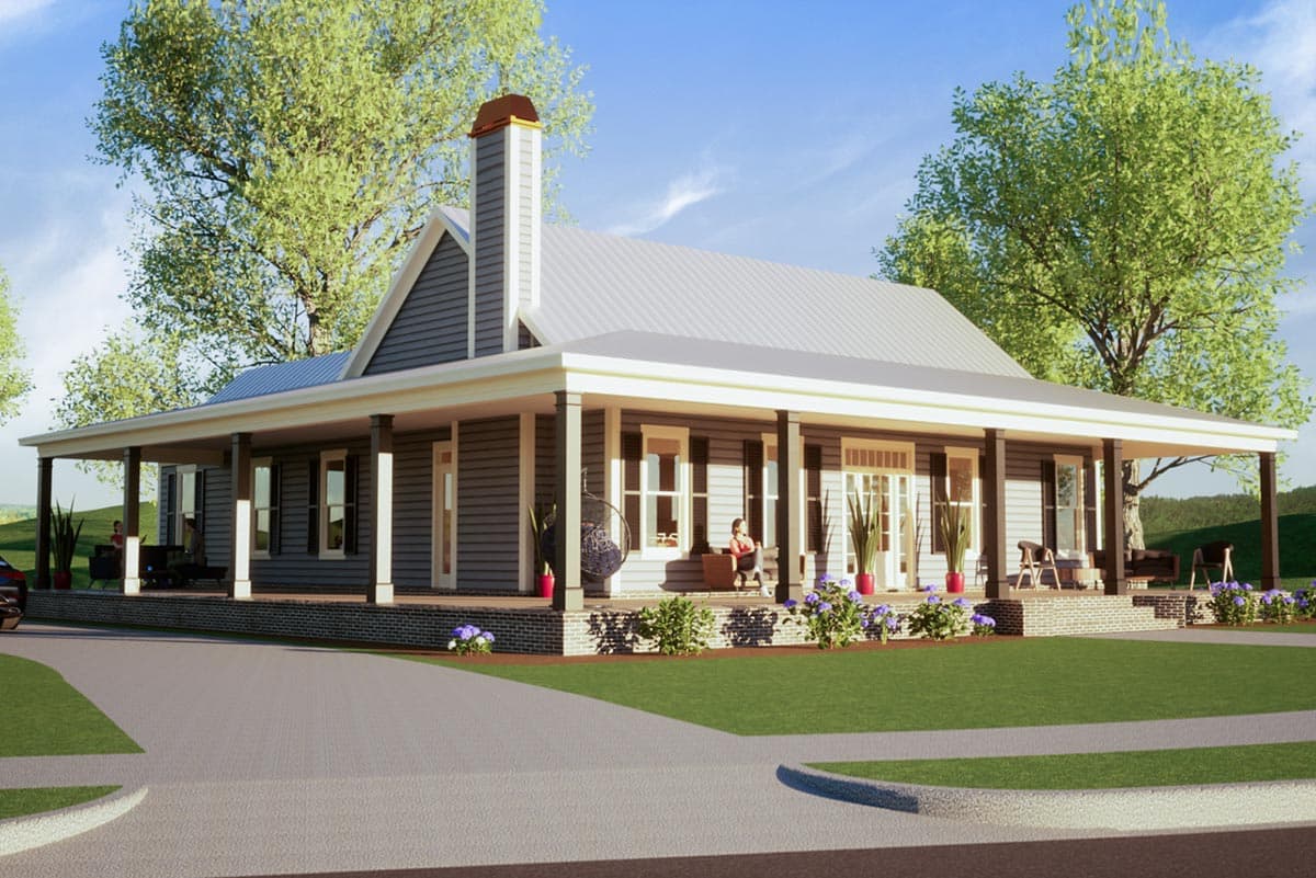 House plan exterior: One-story Modern Farmhouse with wraparound porch, prominent gable, and large chimney.