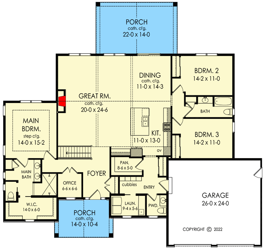 Plan 790138GLV: 3-Bed Country Craftsman House Plan with Vaulted Interior - 2300 Sq Ft - Floor Plan - Main Level - Country, Craftsman, New American, Ranch, Rustic