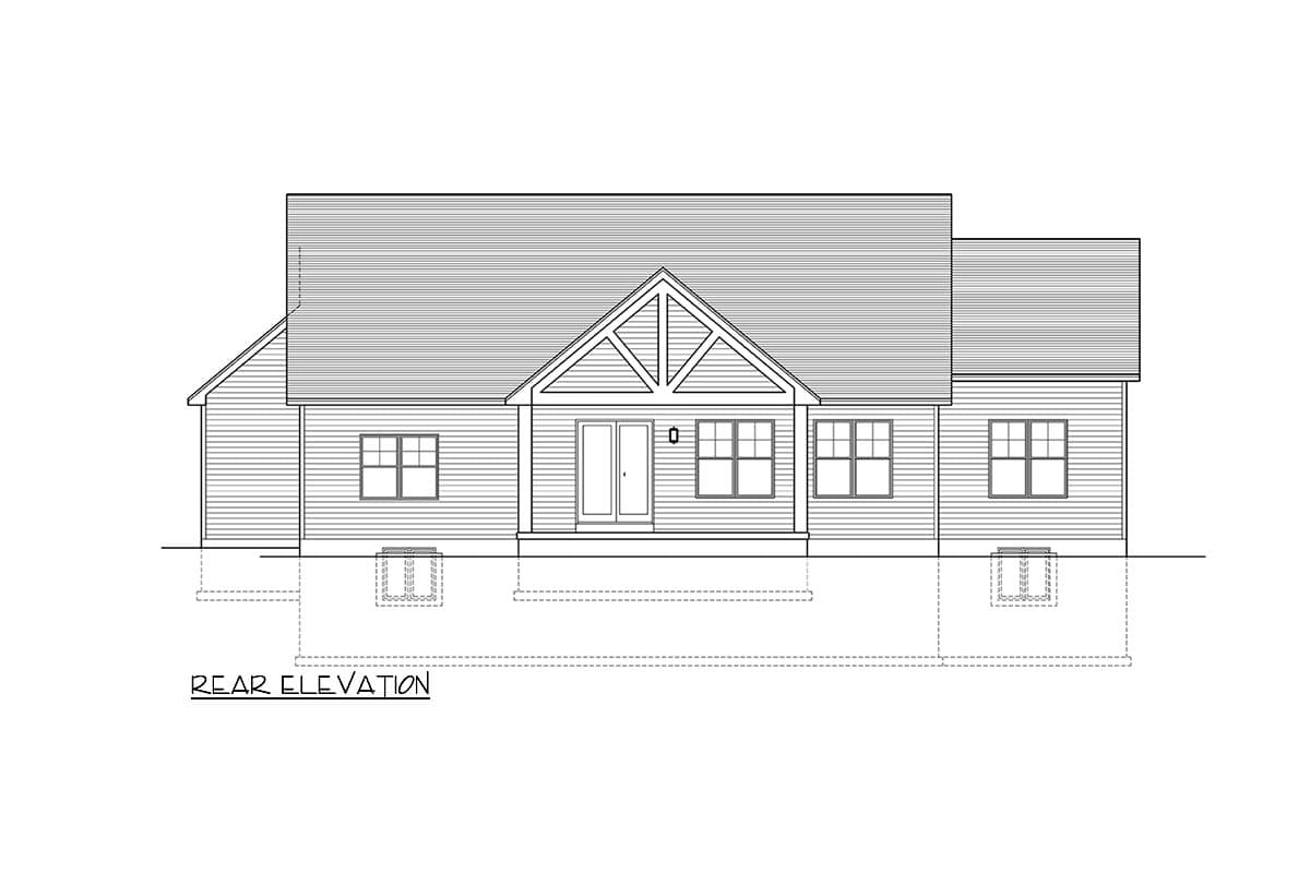 Rear elevation of a one-story house plan with a gable roof over the front entrance, double doors, and multiple windows.