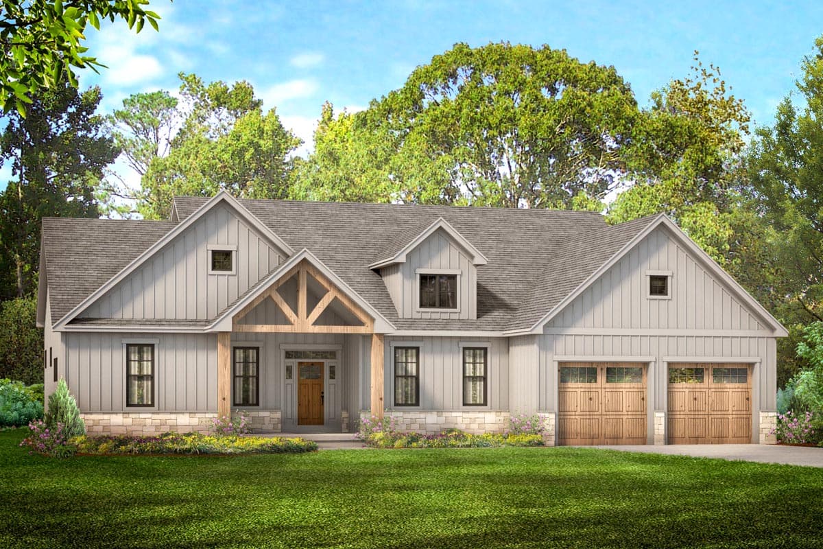 House plan exterior. Two-story Modern Farmhouse with gables, a covered porch with exposed timber supports, and a two-car garage.