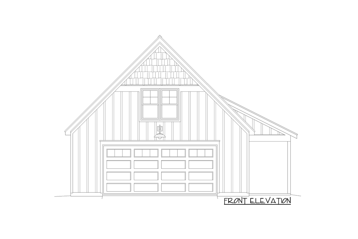 Front elevation drawing of a house with a garage door, pitched roof, and shingled gable.