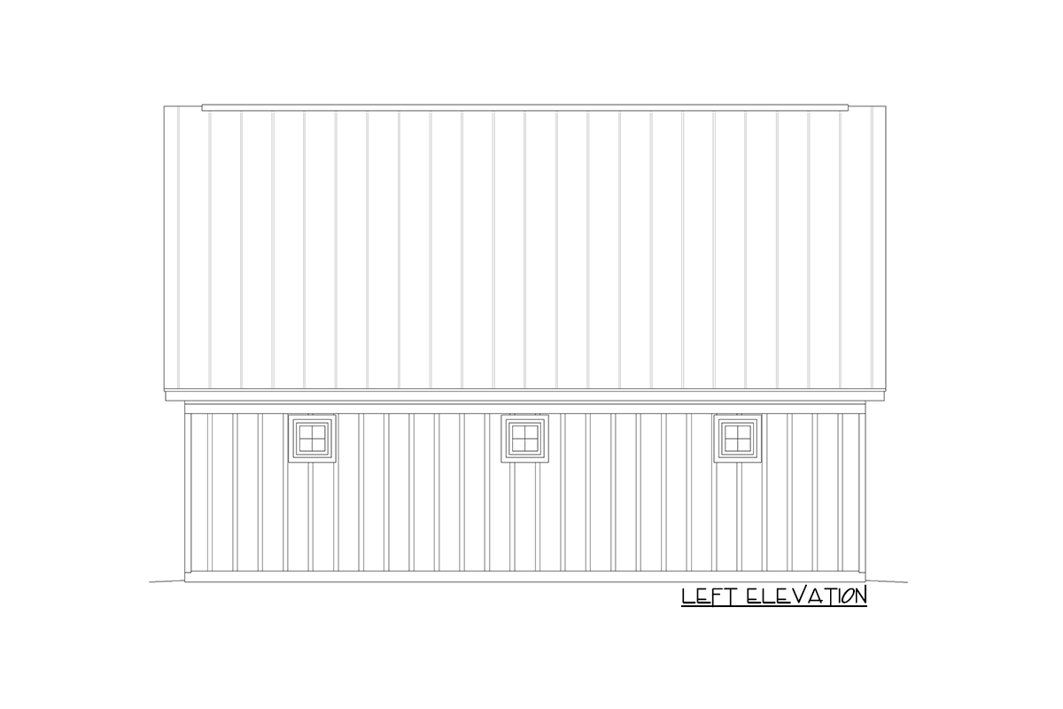 Left elevation drawing of house plan showing vertical siding, three square windows, and a standing seam roof.