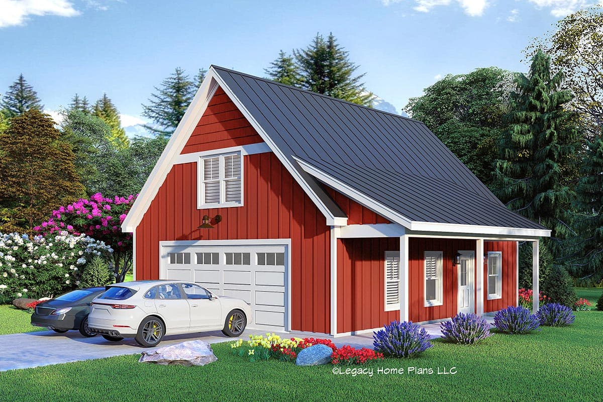 House plan exterior. Two-story structure with gable roof. Includes a porch, garage, and vertical siding. Black metal roof, red siding, and white trim.