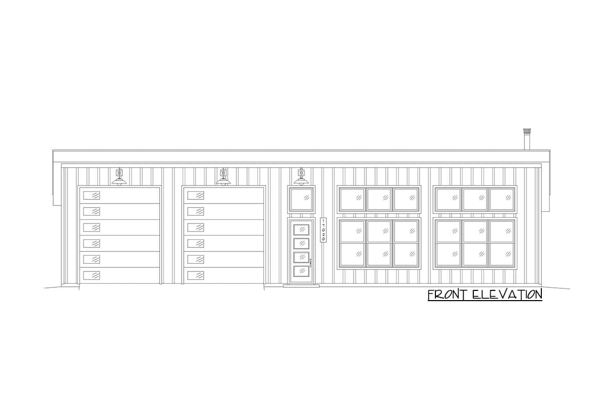 Front elevation drawing of a house plan with two garage doors, a single entry door, and multiple windows.