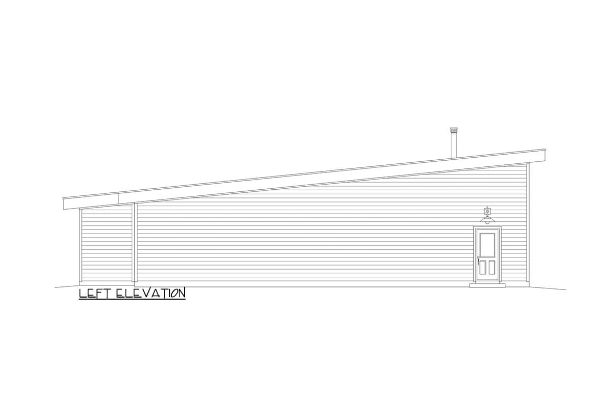Left elevation drawing of a house with a single-story design and a sloping roof, featuring horizontal siding and a front door.