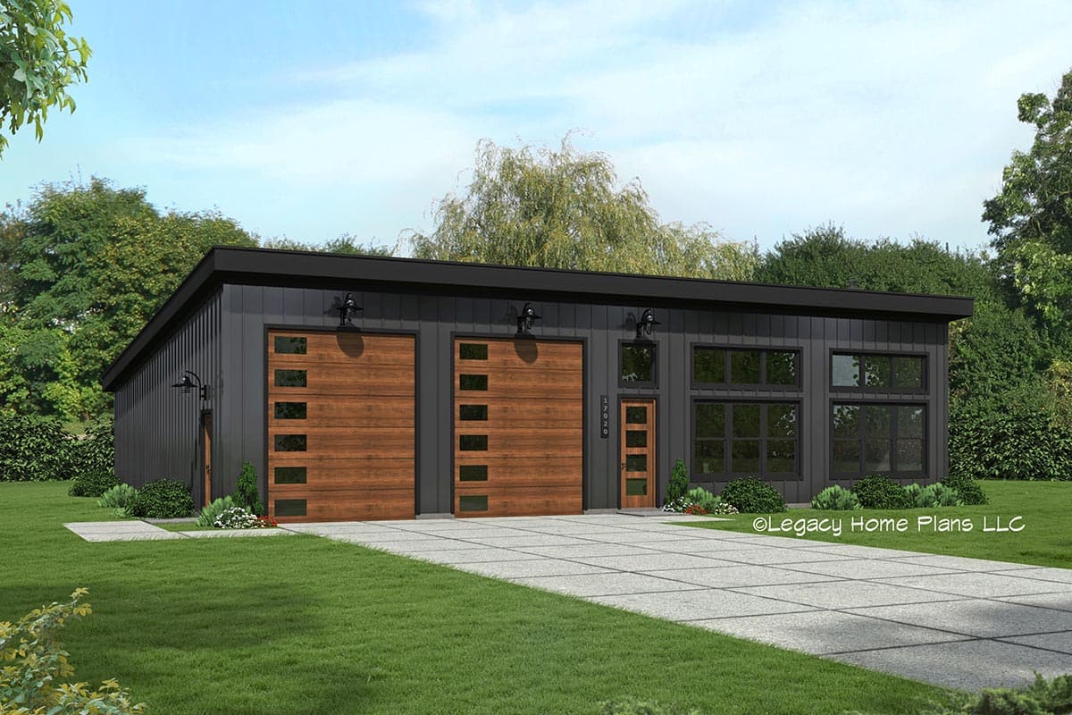 House plan exterior. Modern style with flat roof. Features include two garage bays with glass-paneled doors, a front entry, and large windows.