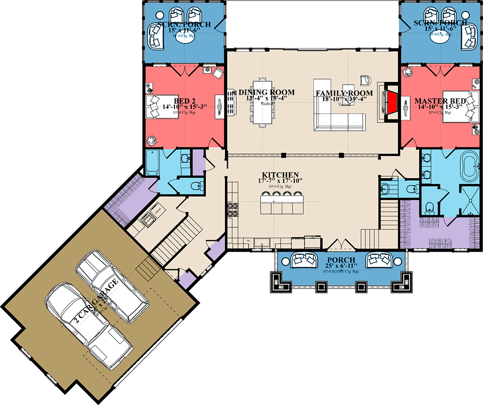 Plan 86379HH: 2-Story Transitional House Plan with Two Master Suites and Angled Garage - Floor Plan - Main Level - Country, Craftsman, Modern Farmhouse, New American, Rustic, Transitional