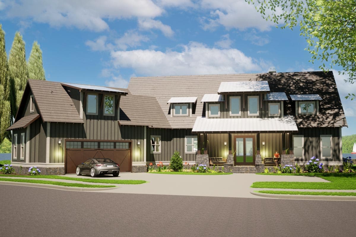 House plan exterior. Two-story, Modern Farmhouse style with a gabled roofline, dormers, and a covered front porch.