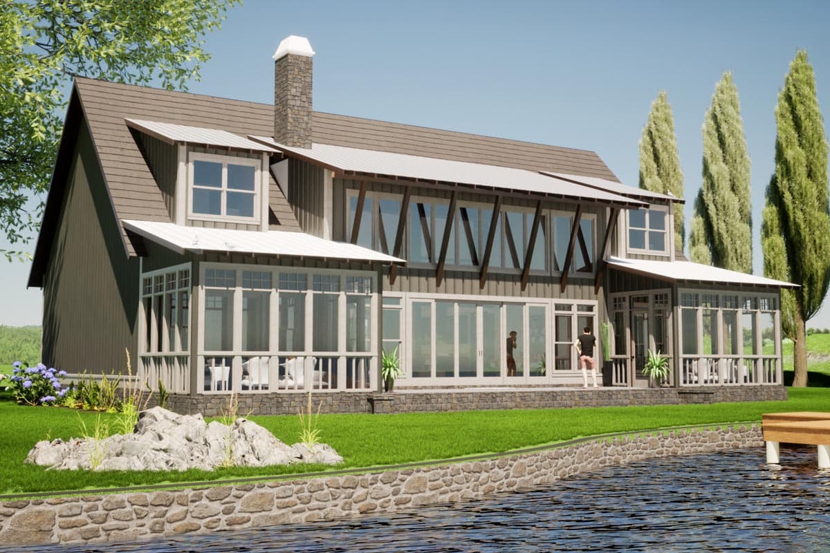 Modern Farmhouse house plan exterior with gables, stone chimney, multiple porches, and large windows.