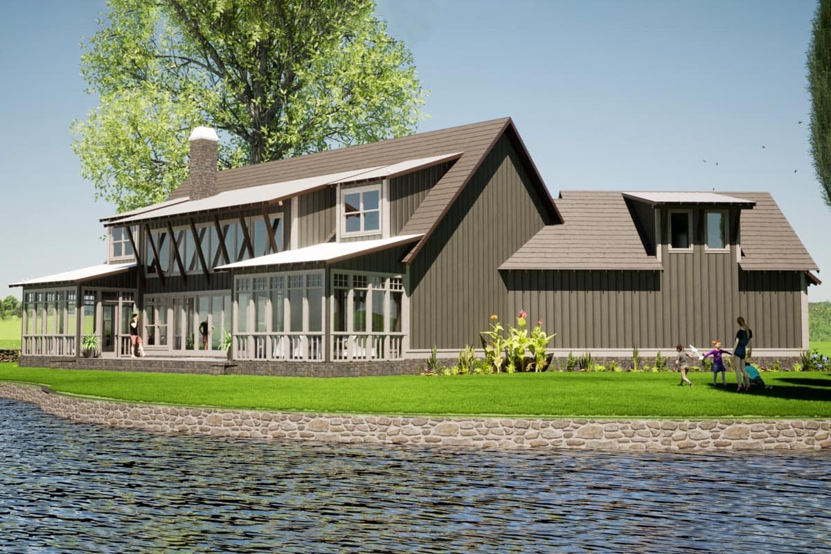 House plan exterior: Modern Farmhouse style, two stories, wraparound porch, gabled dormers, and large windows.