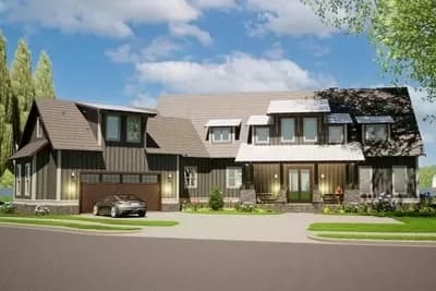2-Story Transitional House Plan with Two Master Suites and Angled Garage